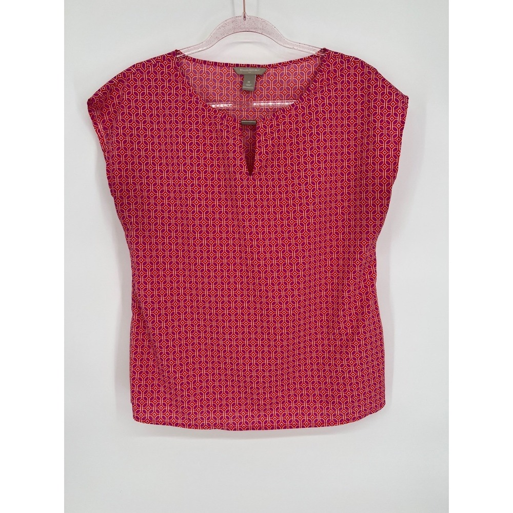 Banana Republic Geometric Print Top Keyhole Blouse Cap Sleeve Pink Red M